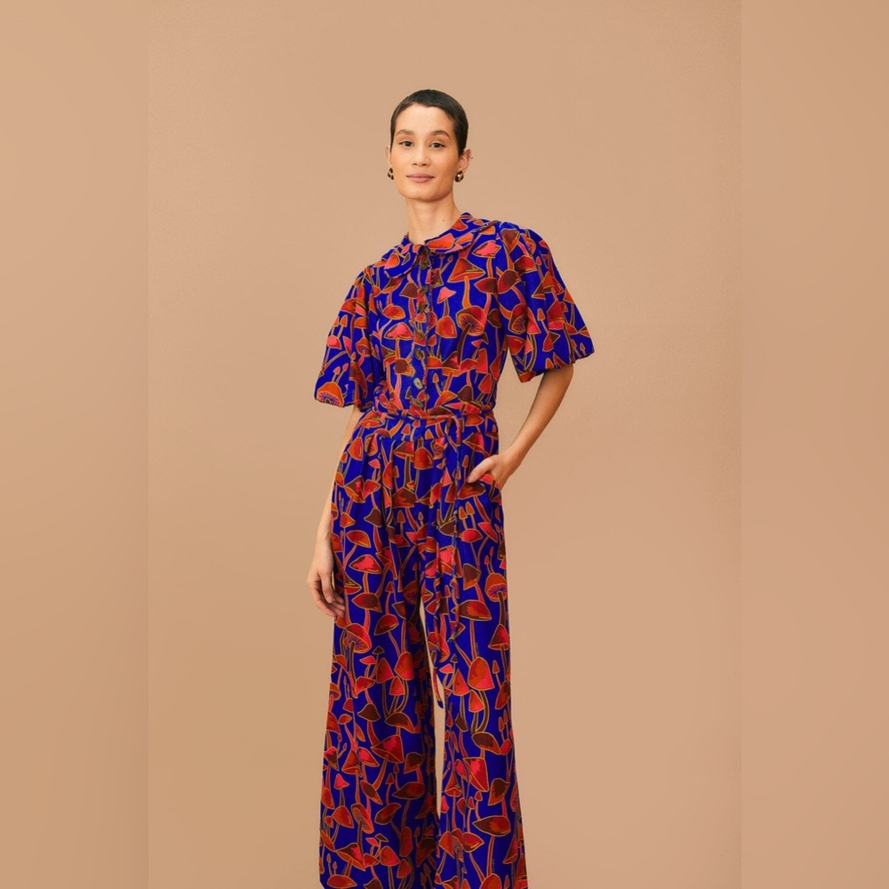 brand new with tags Farm Rio bright blue sketch puff sleeve jumpsuit